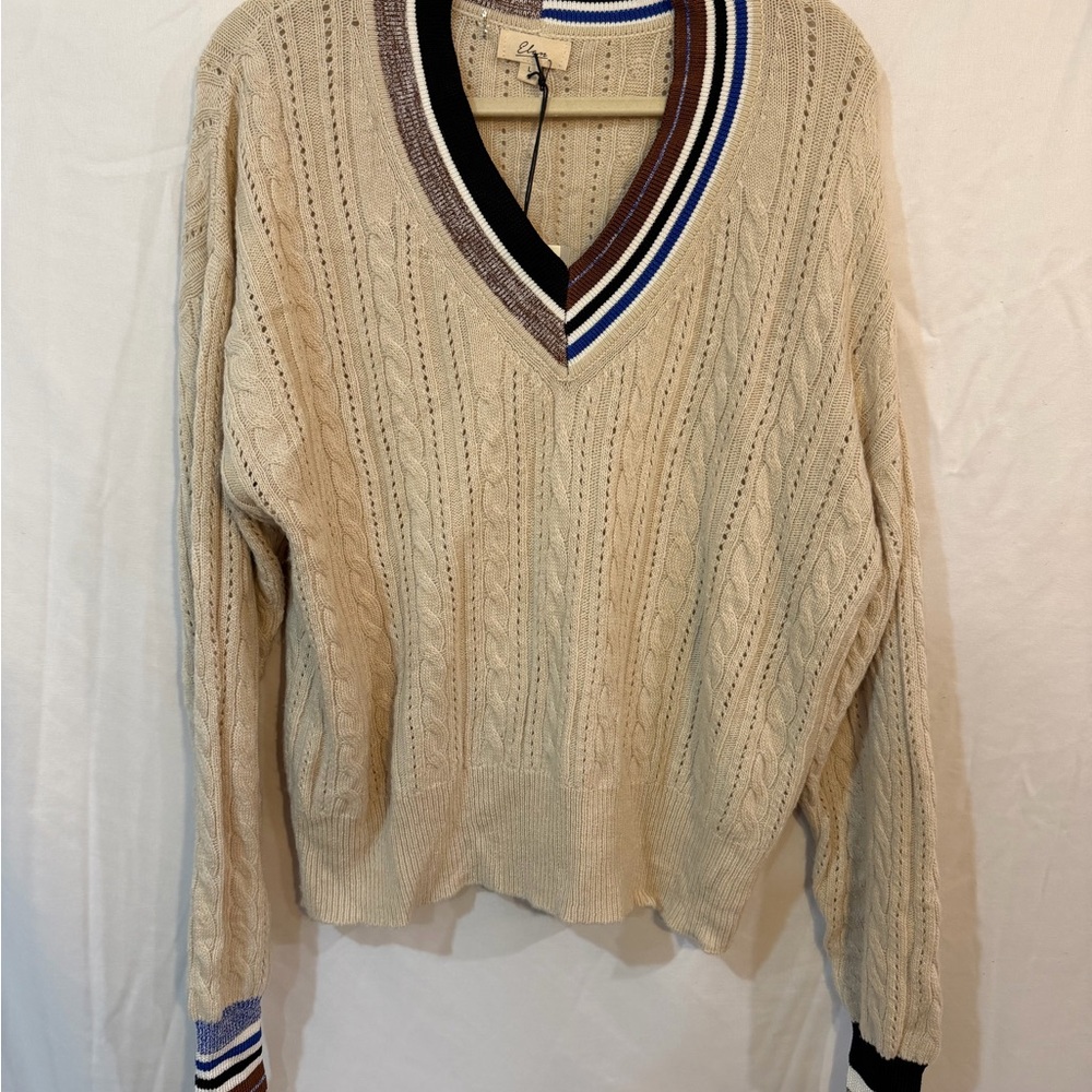 NWT Elan Beige Knit Sweater Striped V-Neck Wool Blend Cool Pattern on Neck/Cuff